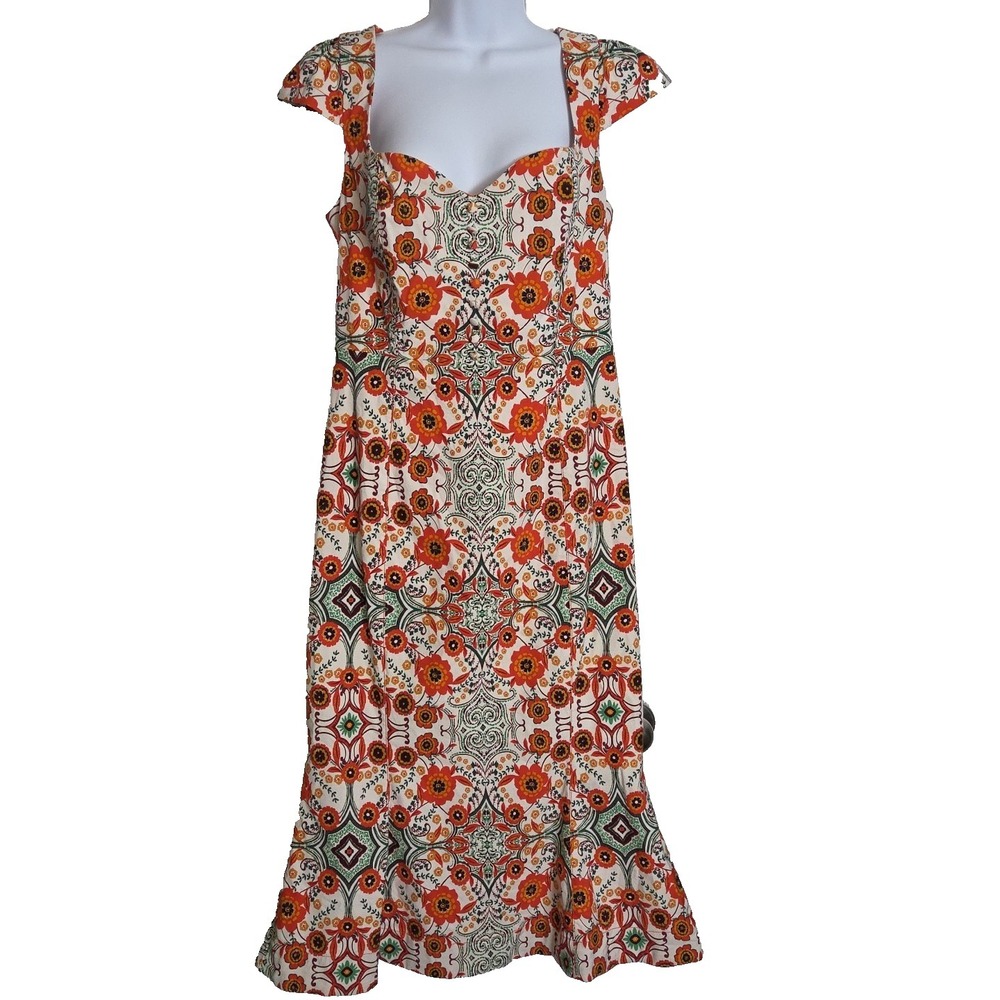 ANTHROPOLOGIE The Cecily M Fit & Flare Sweetheart Dress Orange Floral Boho